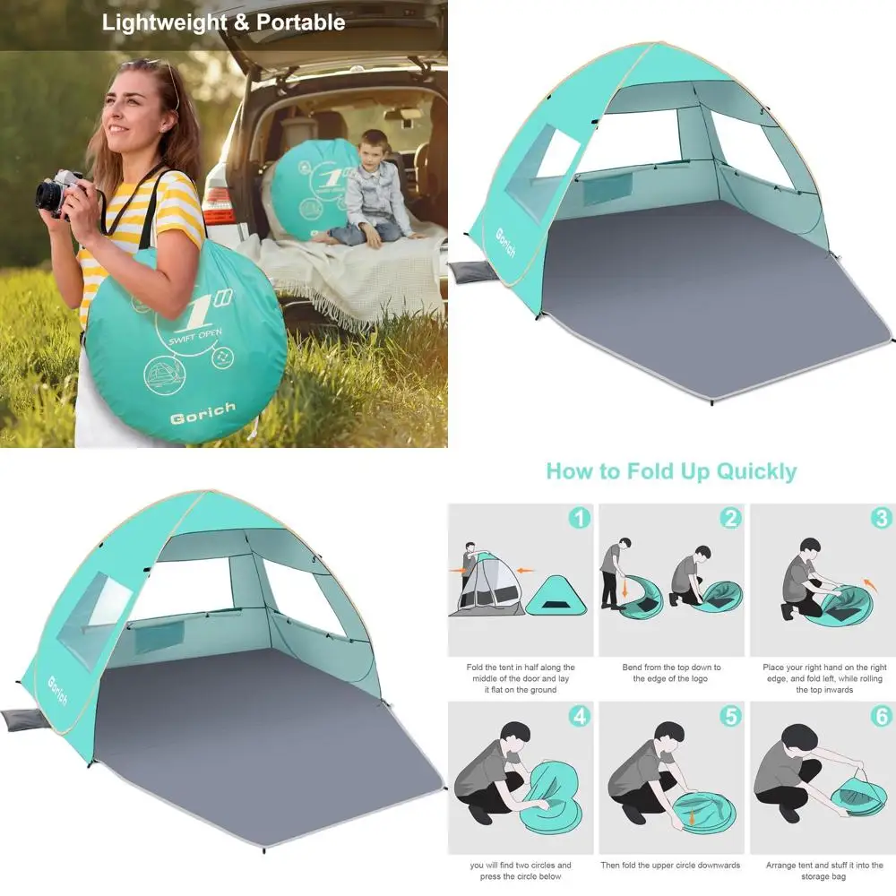 

Portable 3-4 Person Beach Tent with UPF 50+ Sun Protection, Quick Setup & Lightweight Shade