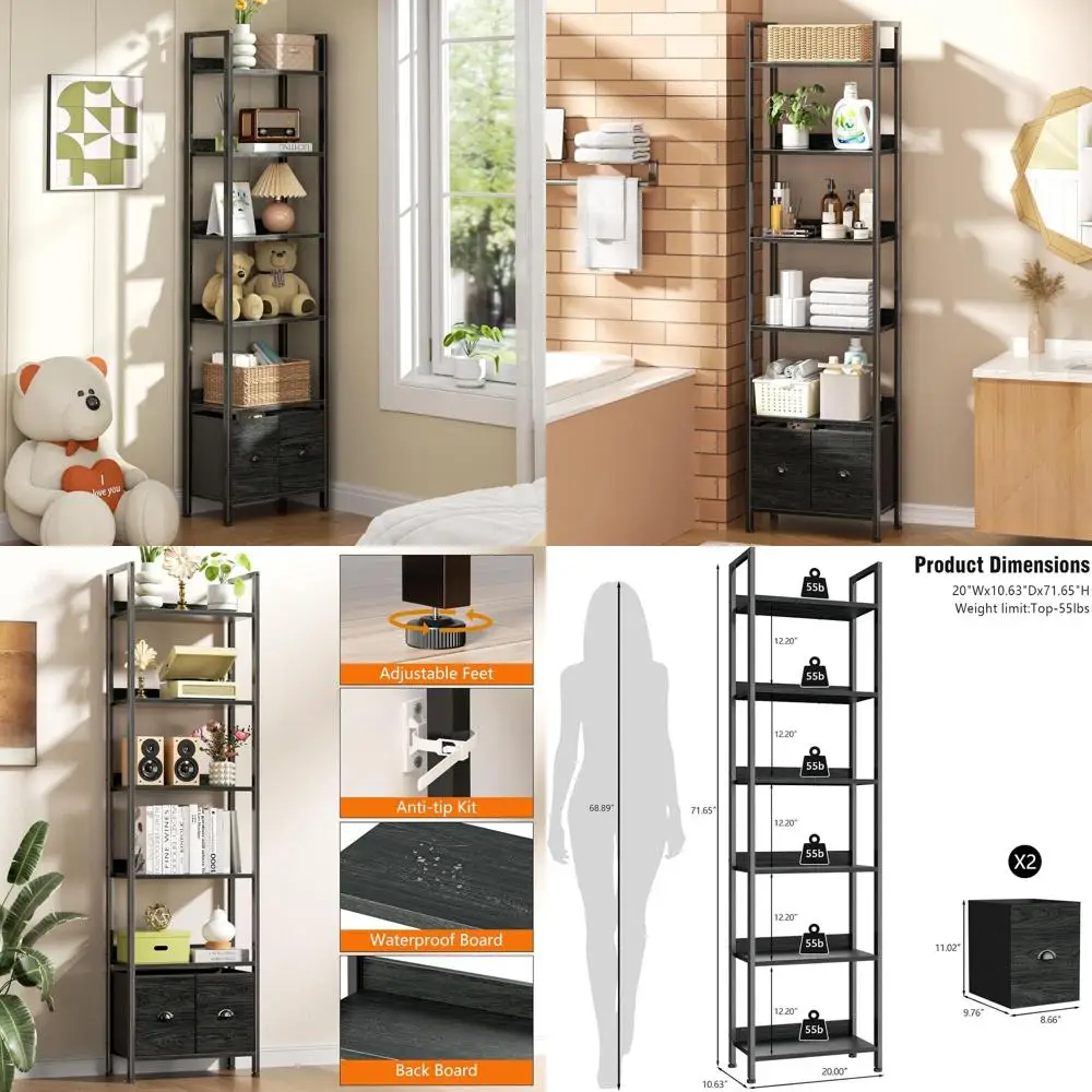 

Высокий книжный шкаф на 6 полок с 2 ящиками, органайзер для хранения в индустриальном стиле, стеллаж из дерева и металла для домашнего офиса, спальни, черный дуб