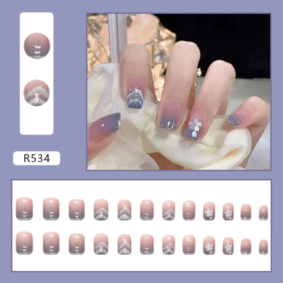 Unhas postiças com gradiente de glitter azul, 24pcs, curto, removível, cobertura total, pressione nail art