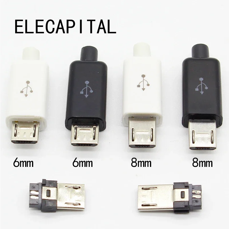 Conectores de enchufe macho tipo soldadura Micro USB 5 pines, cargador 5P, toma de carga trasera USB 4 en 1, blanco y negro, 10 unidades