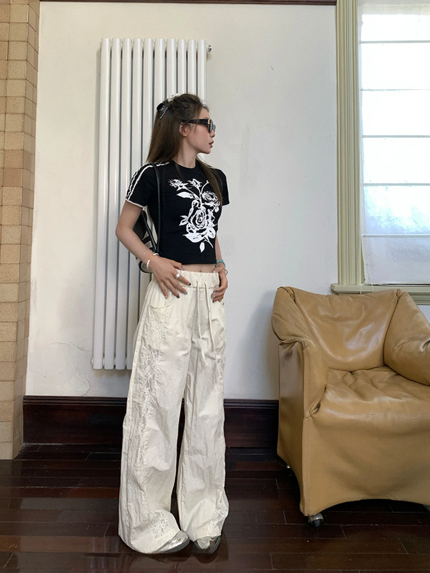 

Модные женские летние повседневные свободные брюки с кружевными вставками, с высокой талией, из смесового хлопка и нейлона