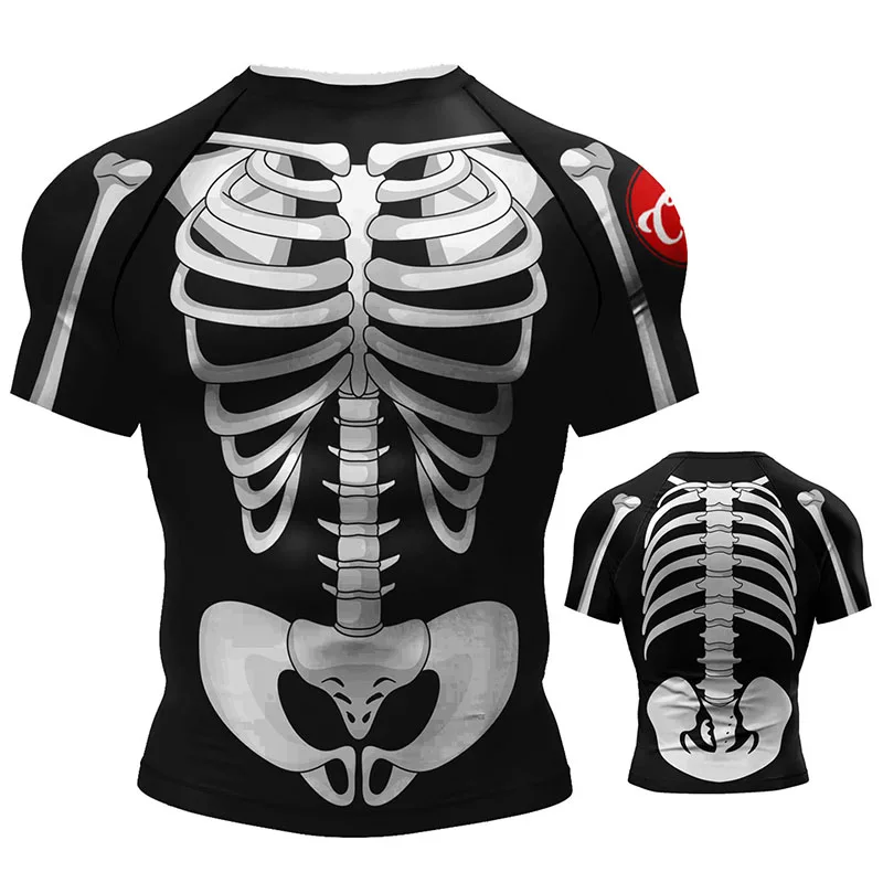 New Skull Kimono Jiu Jitsu Rashguard MMA Compression T-shirt+Shorts Sets Men\'s Rash Guard Sports Suit Bjj Gi Kickoxing Jerseys