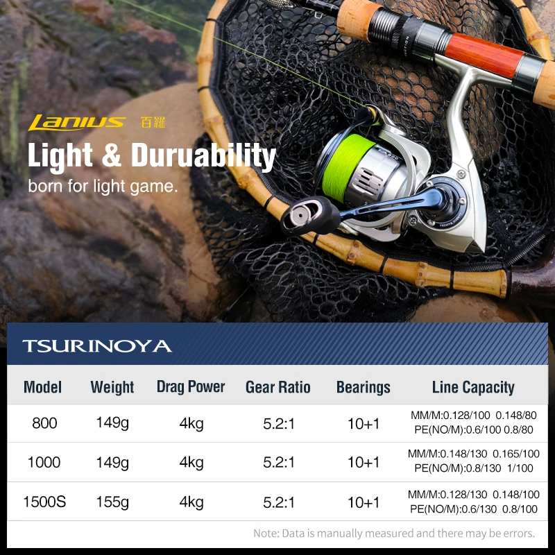 TSURINOYA Ultra Light 149g Spinning Fishing Reel LANIUS 800 1000 1500S Bait Finesse Carbon Long Casting Shallow Spool Coil