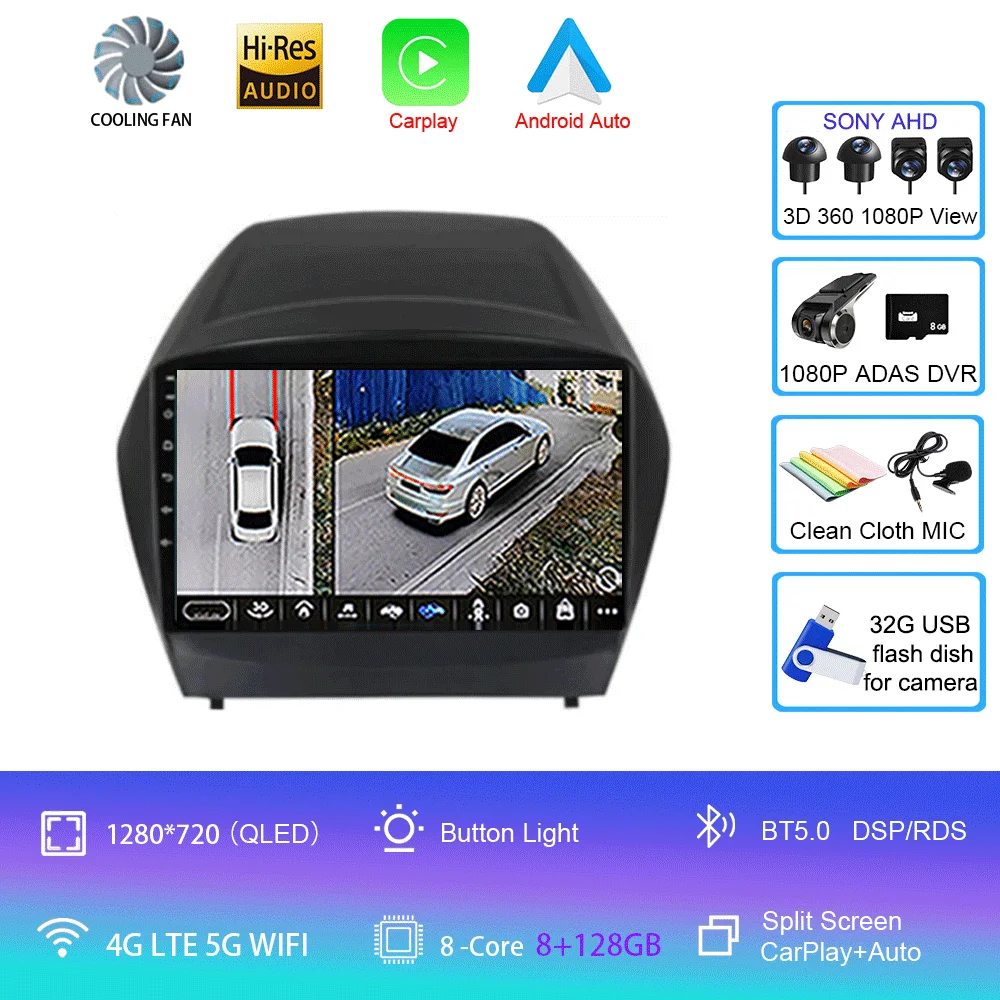 Android 16 Carplay autoradio voor Hyundai Tucson 2 LM IX35 2009-2015 navigatie GPS multimediaspeler WiFi stereo BT 360 camera