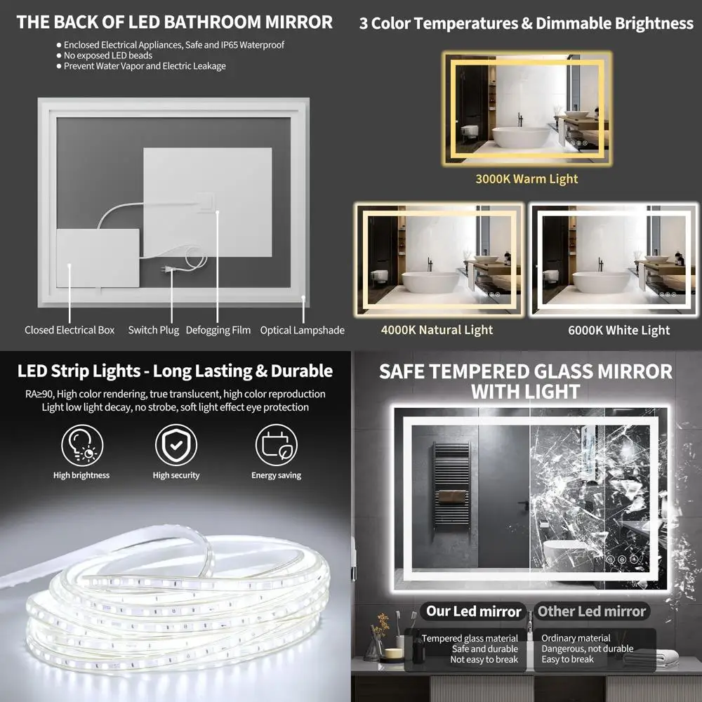 

Anti-Fog LED Bathroom Mirror, 40x30 Vanity Mirror with 90CRI Lighting, Shatter-Proof, Easy Install, Modern Design (IP65)