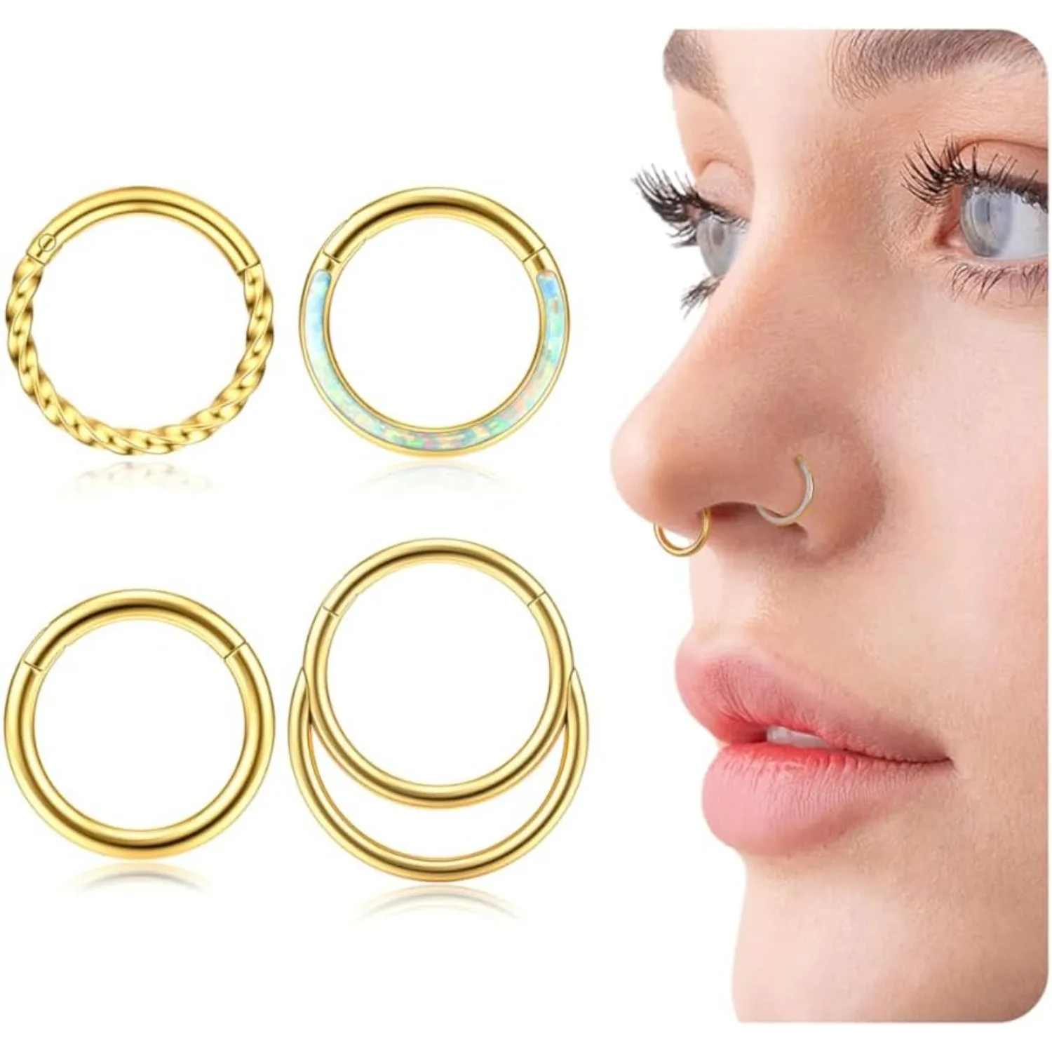 

Florideco 4Pcs 316L Surgical Steel Nose Ring Septum Hoop for Women Men Clicker CZ Nose Hoops 16G Nose Piercing Jewelry 8mm