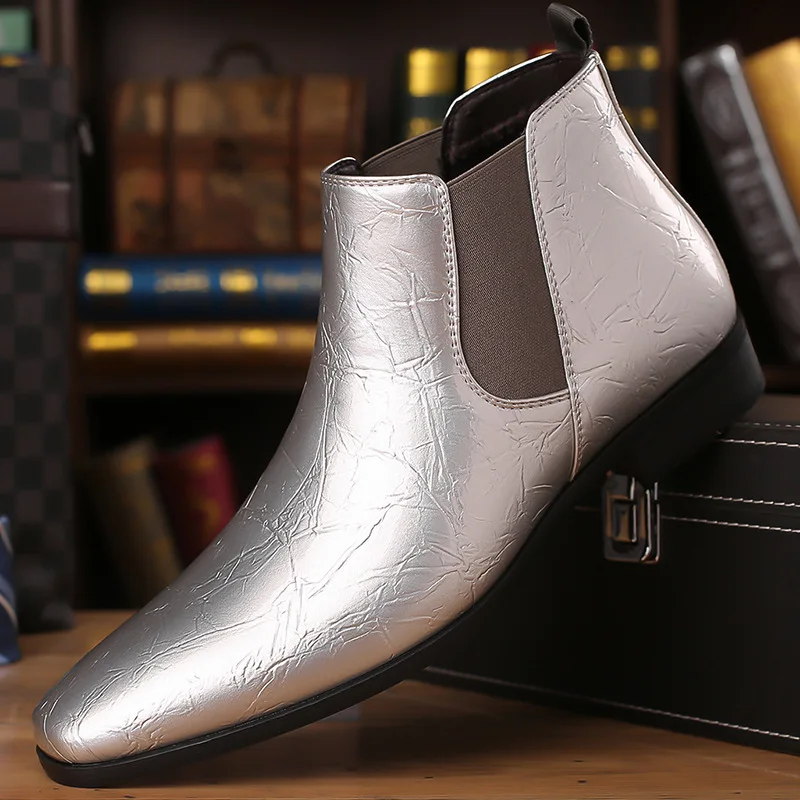 New Men's Glossy Chelsea Boots Luxury Brand Business Pointed Short Boot Handmade British Style Ankle Boots for Men Dress Shoes