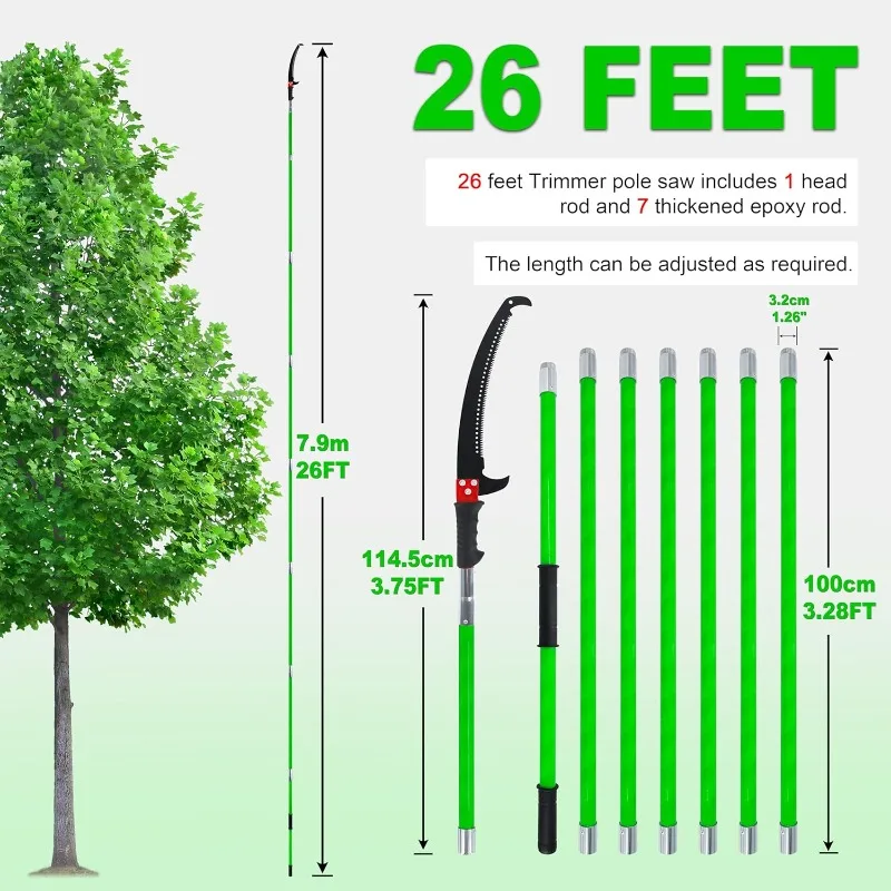 Tree Trimmer, Pole Pruning Saw, Extended Multi-Tools Pruner Hand Pole Saw For Yard(Green 26FT)，home.