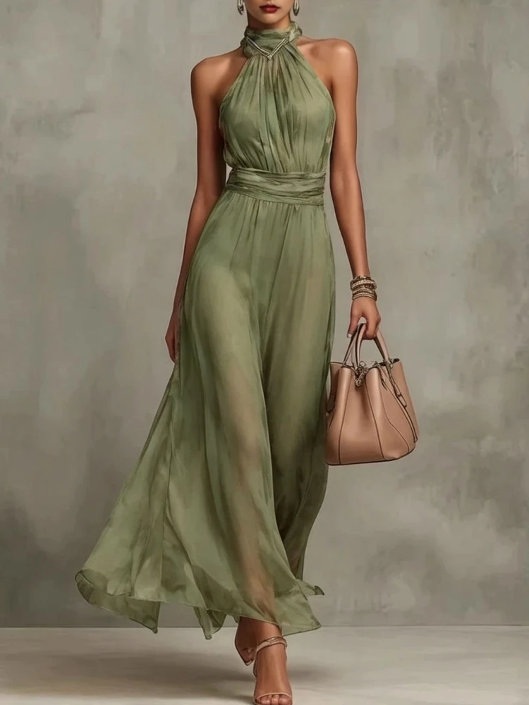 Elegantes Chiffon-Kleid 2026 – Neues Damen-Maxikleid mit Neckholder, ärmellos, hohem Kragen und geraffter Taille für Abendpartys