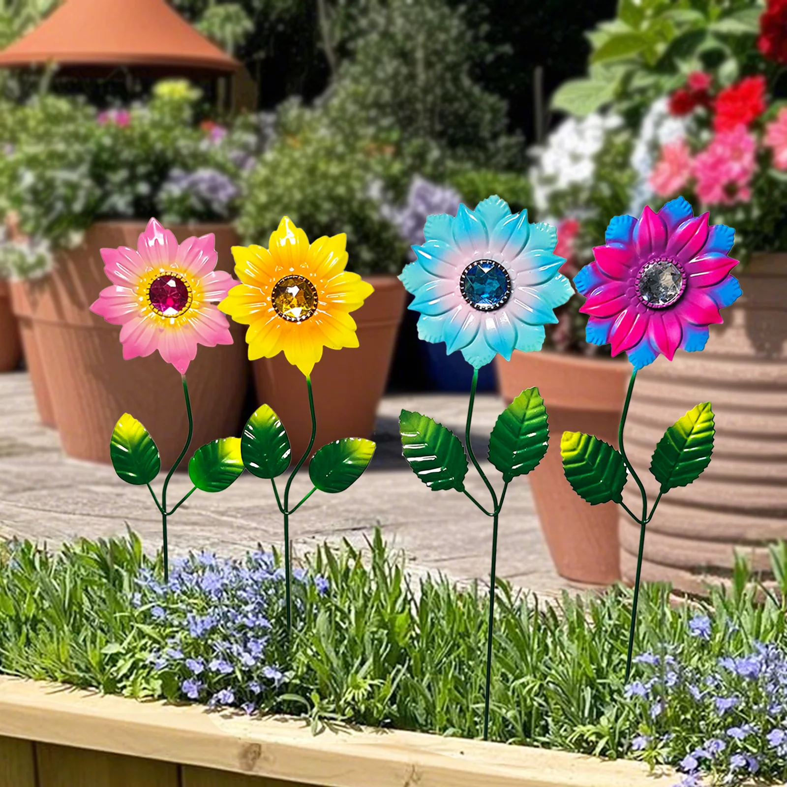 

4pcs Flowers Garden Stakes Outdoor Decor Metal Yard Art, Flower Stakes for Yard Porch Lawn Pathway Pot Decorations(Diamond)