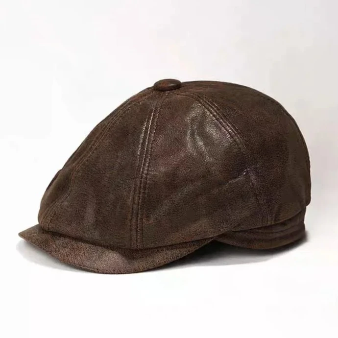 Retro Fashion Real Leather Boina Hat Matte Cowhide Beret Warm Octagonal Cap Winter Cotton Men Padding Hunting