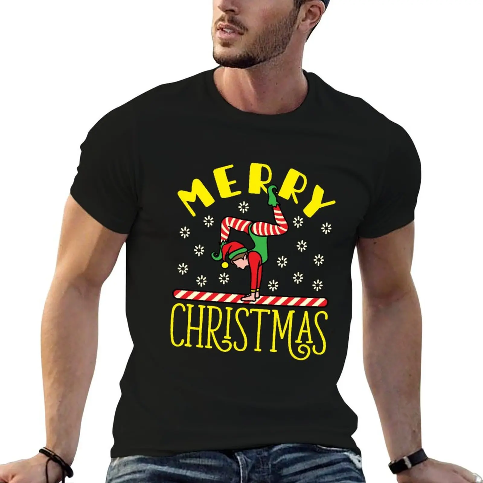 

Gymnastics Christmas Elf On Beam T-Shirt anime t shirts oversize man t shirt summer T-Shirt