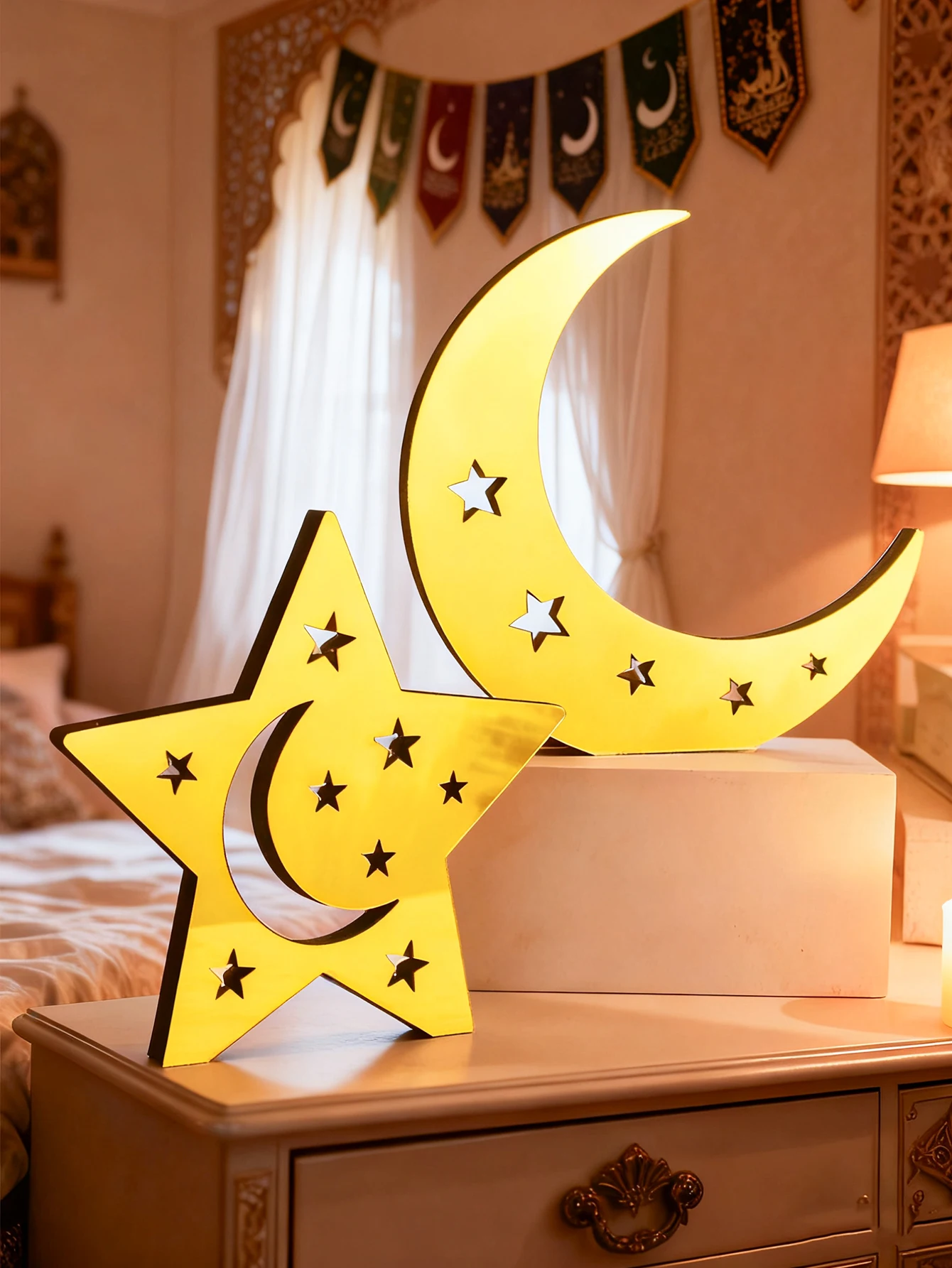 Islamic Moon Star Table Decor Golden Eid Mubarak Ornament for Ramadan Kareem Muslim Festival Home Party Tabletop Decoration Gift