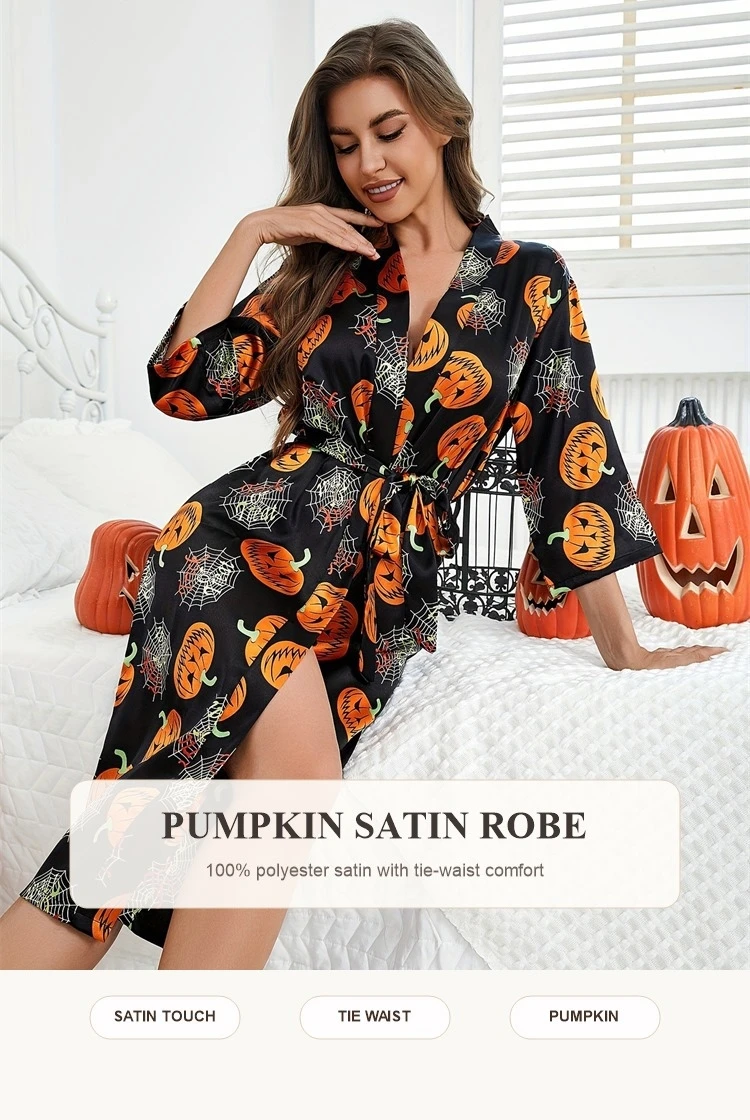 Women Halloween Pumpkin Print Satin Kimono Robe Spider Web Pattern Belted Bathrobe Ladies Nightgown Autumn Home Loungewear