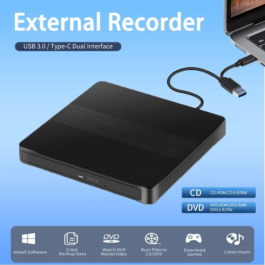

2-in-1 USB3.0 Type-C Slim External DVD RW CD Burner Writer Reader Player Optical Drive for Portable DVD Burner Laptop PC Mac