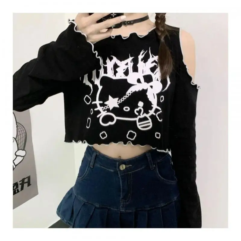 

Sanrio's New Dark Cartoon Print Hello Kitty Short Loose Long Sleeve Bell Sleeve Design Ins Leaky Shoulder T-Shirt Top for Women