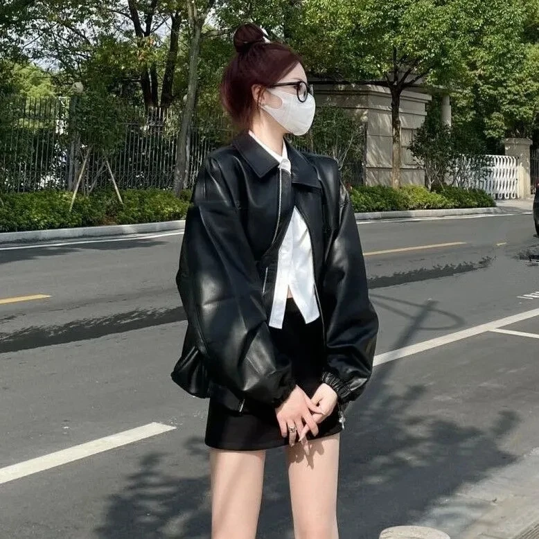 Women's Loose Black PU Leather Jacket 2025 Versatile Biker Style American Retro Coat Outerwear