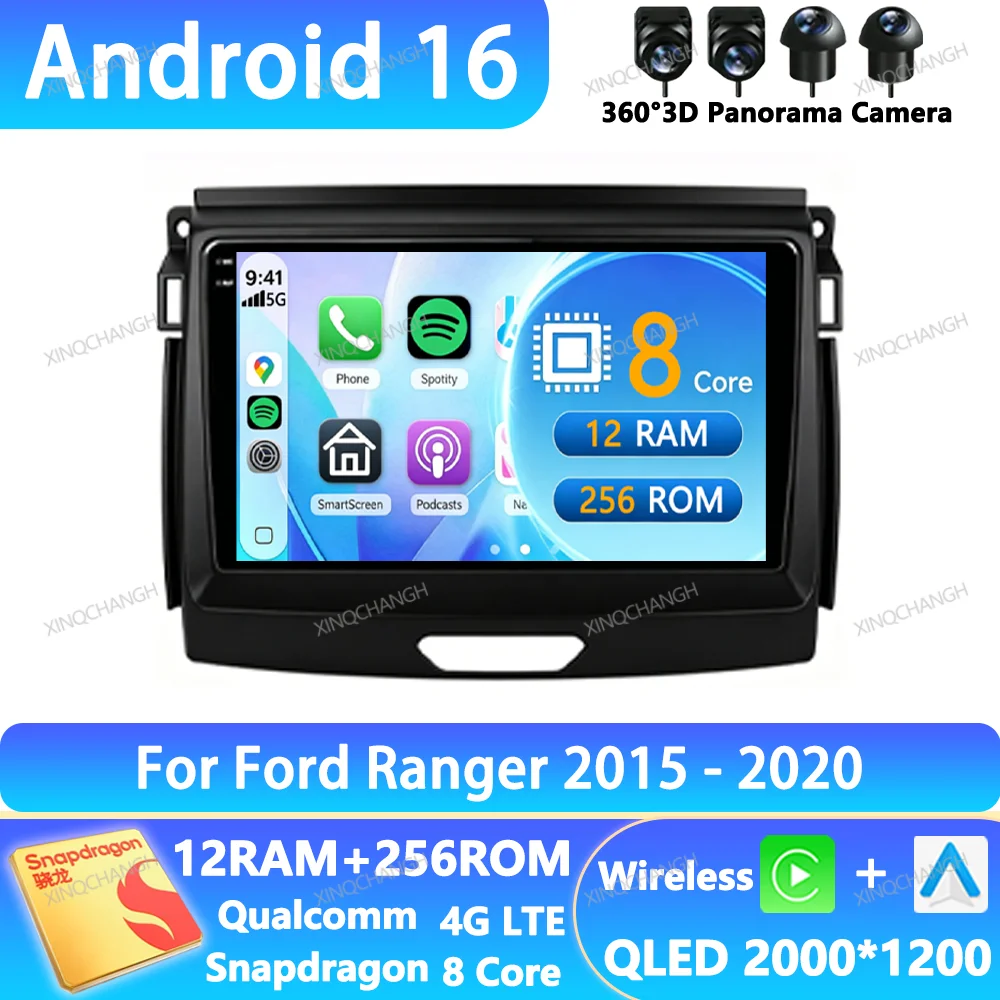 Android 16 Car Radio For Ford Ranger 2015 - 2020 GPS Head Unit Multimedia Video Player 2DIN QLED BT Navigation 4G WIFI Qualcomm
