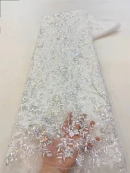 Tecidos de renda lantejoulas para casamento, Tule de alta qualidade, Material vestido bordado nigeriano, Africano e francês, Branco, 5 jardas, 2024