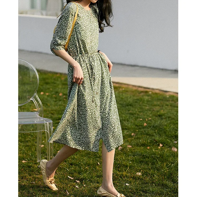 100% Mulberry Silk Women's Dresses Floral Print Dresses Elegant Women Clothing O-Neck Summer Dress New 2024 Vestidos Mujer