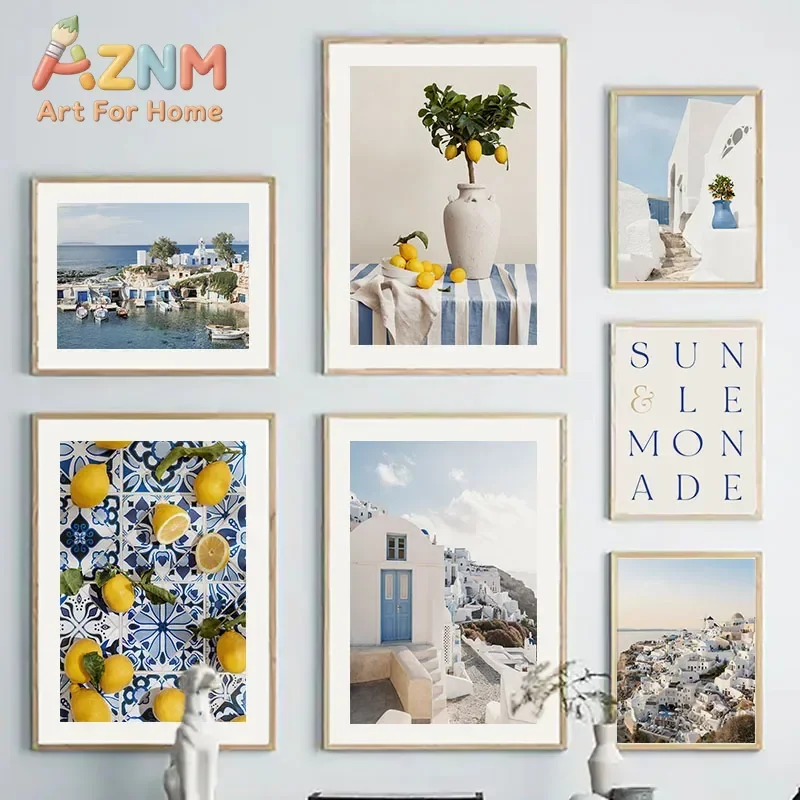 AZNM Greek Santorini Mediterranean Canvas Wall Art Blue White Lemon Summer Scenery Print Poster for Living Room Dining Room Home