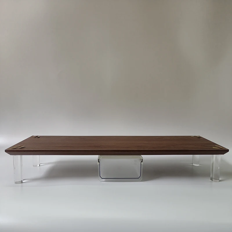 

Современная подставка для монитора из орехового дерева с акриловыми ножками и латунными листовыми акцентами, настольная полка для iMac, ноутбука или ТВ-дисплея