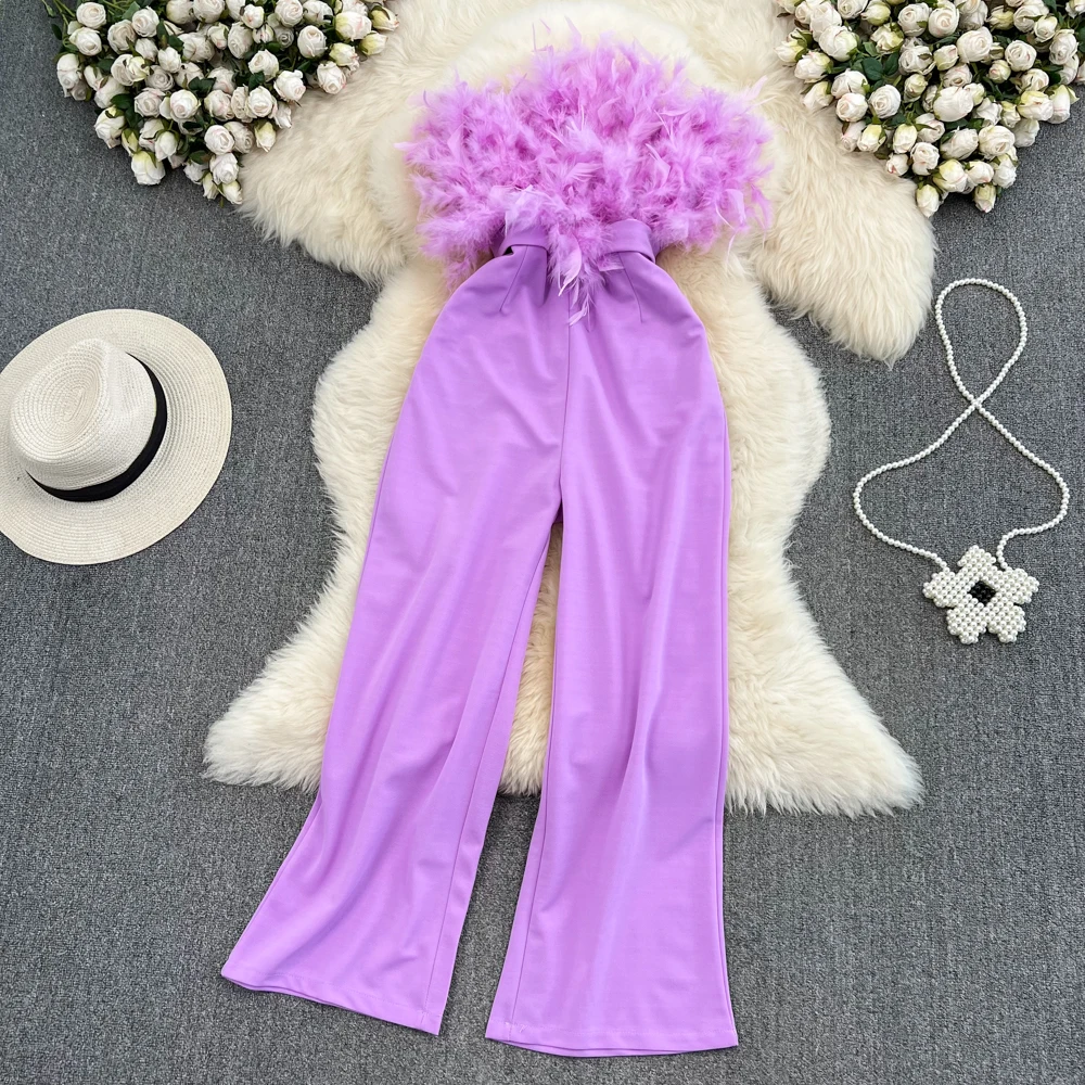 

Ele Feather Tassel ter One-Piece Pants High Waist Slimming Straight Leg Summer Faion Luxury Sensation Jumpsuit
