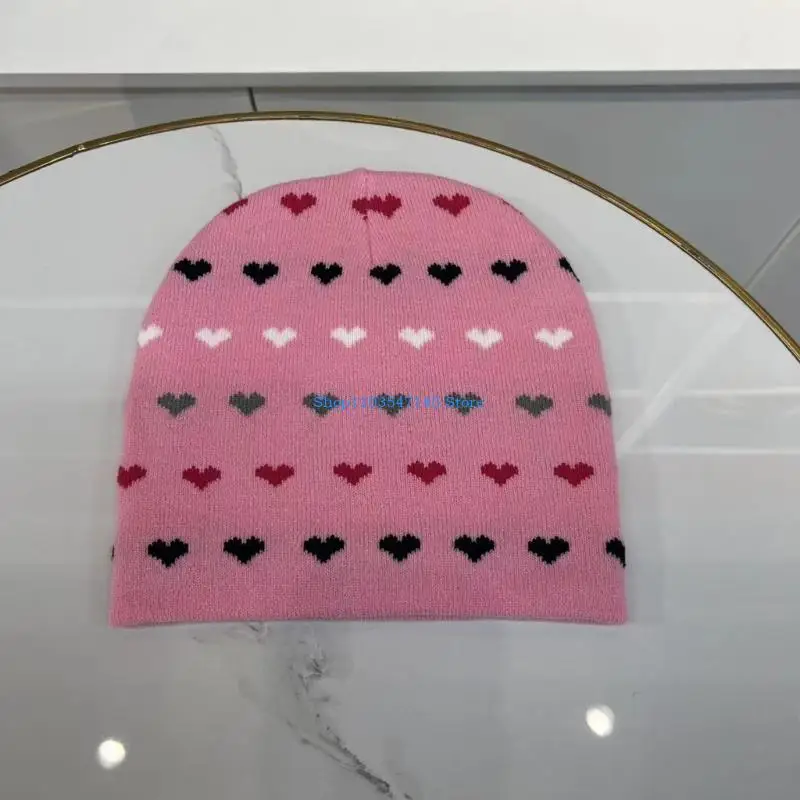 

P88B Winter Adult Knitted Hat with Jacquard Heart Pattern Cold Weather Windproof Hat