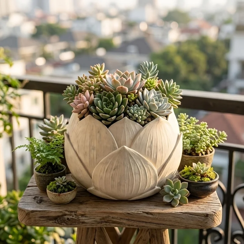 1Pc Exquisite Lotus‑Shaped Resin Succulent Pot with Drain Hole, Creative Window‑Sill Plant Planter