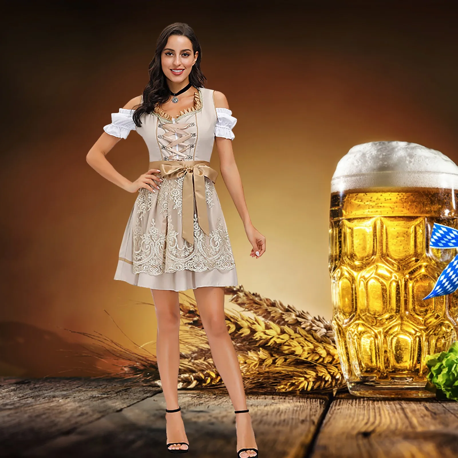 German Munich Oktoberfest Beer Girl Maid Dirndl Dress Bavarian Traditional Carnival Party Tavern Wench Waitress Cosplay Costume