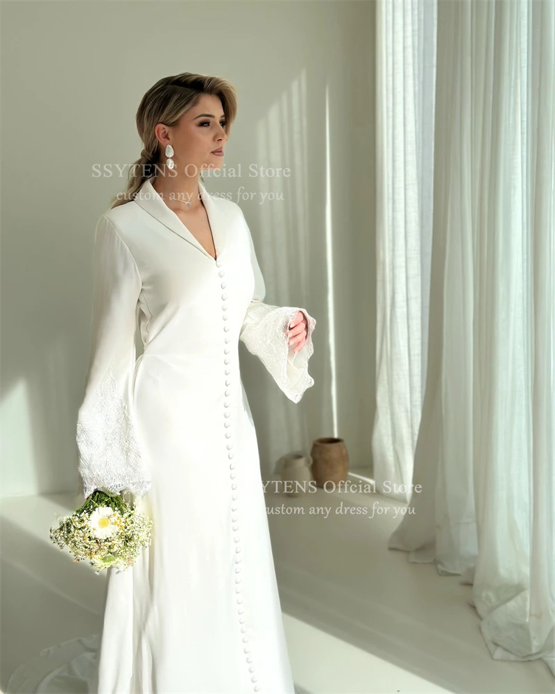 SSYTENS Modest Long Sleeve Wedding Dresses for Women Simple Muslim Bridal Dress Dubai Appliques Customized Civil Marriage Gowns