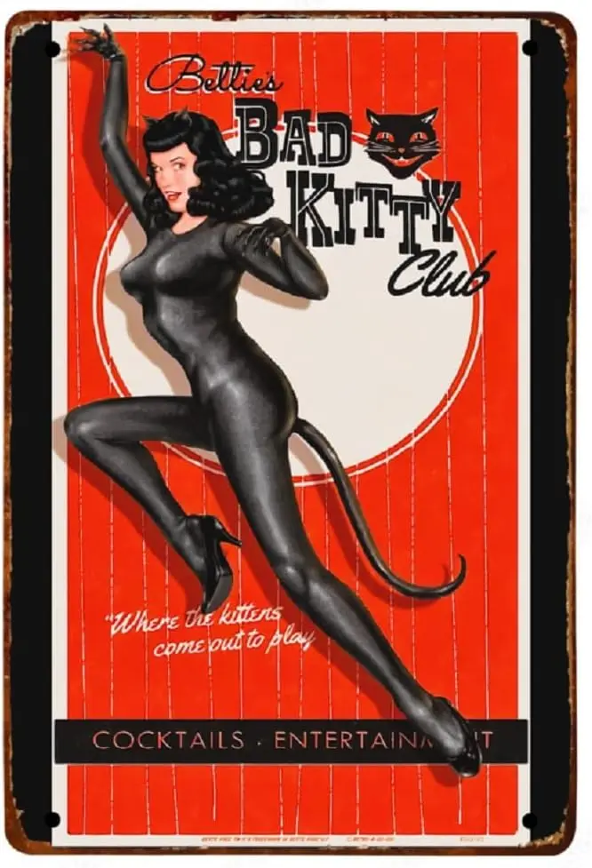 Vintage Distressed Metal Sign, Betties Bad Kitty Club, Classic Pinup Themed Sign  Reproduction Print