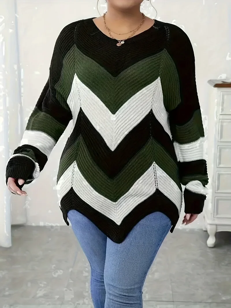 

GUWU Plus Size Fashion Long Sleeve Knitted Striped Sweaters Women's Fall Winter Pullovers