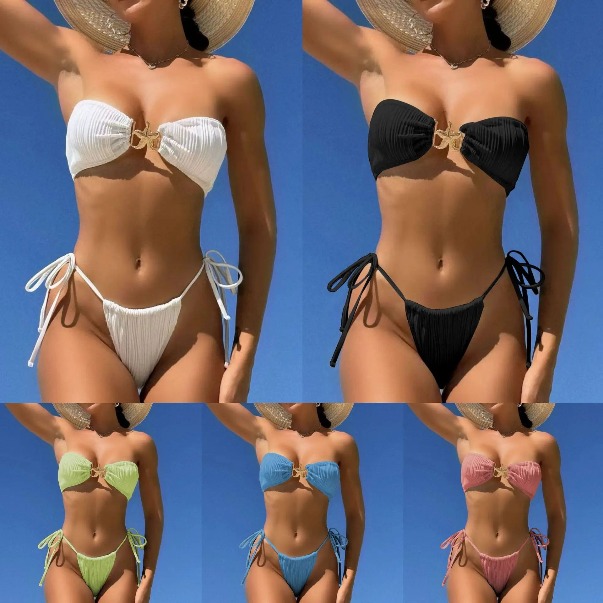 

2025 new European and American flower thousand bones starfish drawstring strap bikini bikini swimsuit swimsuit 9180