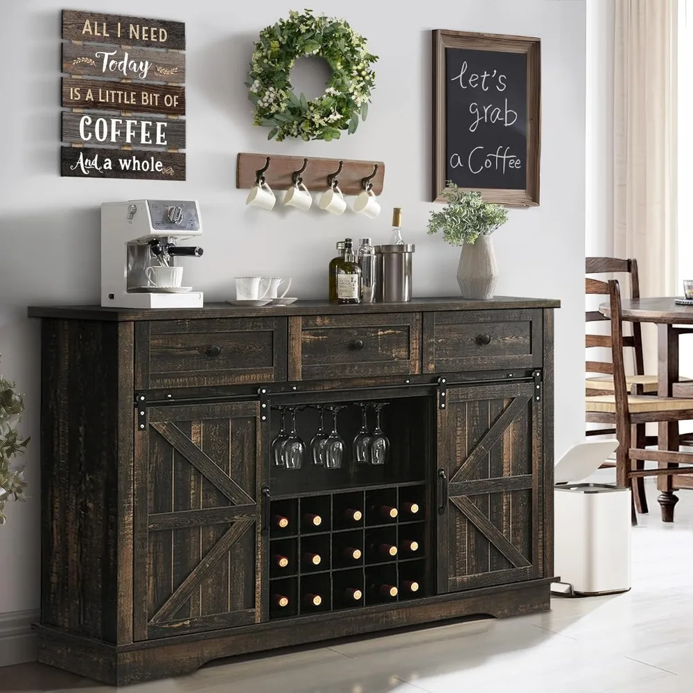 

Farmhouse Wine Bar Cabinet with Sliding Barn Doors, 54" Large Buffet Cabinet with 15 Wine Rack & Glass Rack