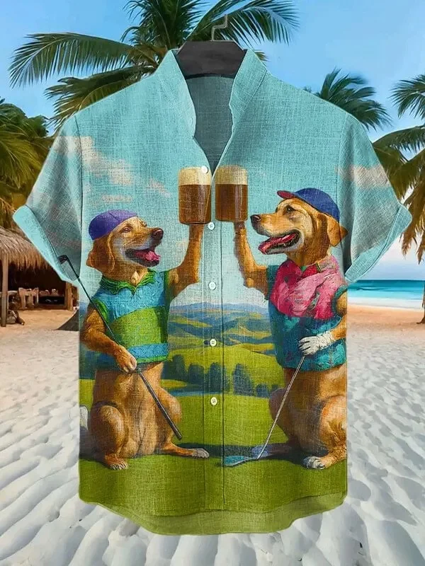 Men's light blue short sleeve Hawaiian shirt featuring two golden retriever dogs playing golf and cheering with beer glasses on a sunny beach resort background.