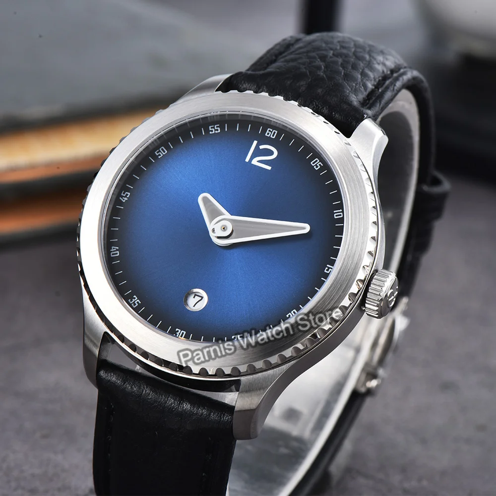 Parnis 41mm 5ATM acciaio inossidabile vetro zaffiro quadrante blu cassa argentata cassa rotonda automatica orologio da uomo