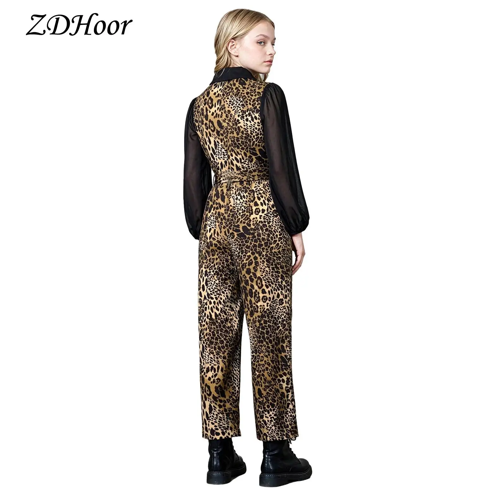 Kids Girls Leopard Print Front Zipper Bodysuit Romper with Belt Turn-down Collar Chiffon Long Puff Sleeves Unitards Jumpsuit