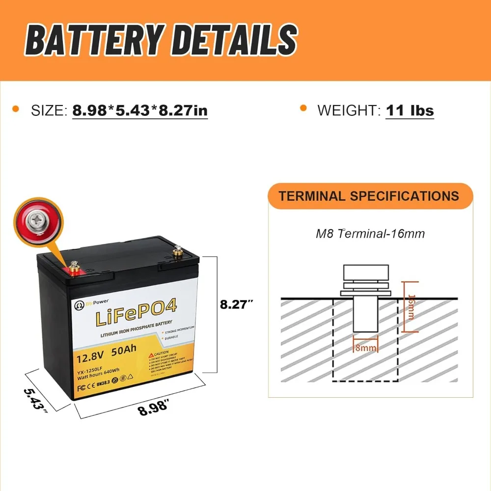 12V 50AH Lithium Battery, 5000+ Cycles Deep Cycle LiFePO4 Battery with Built-in 50A BMS fit for RV, Home Storage,Trolling Motor,
