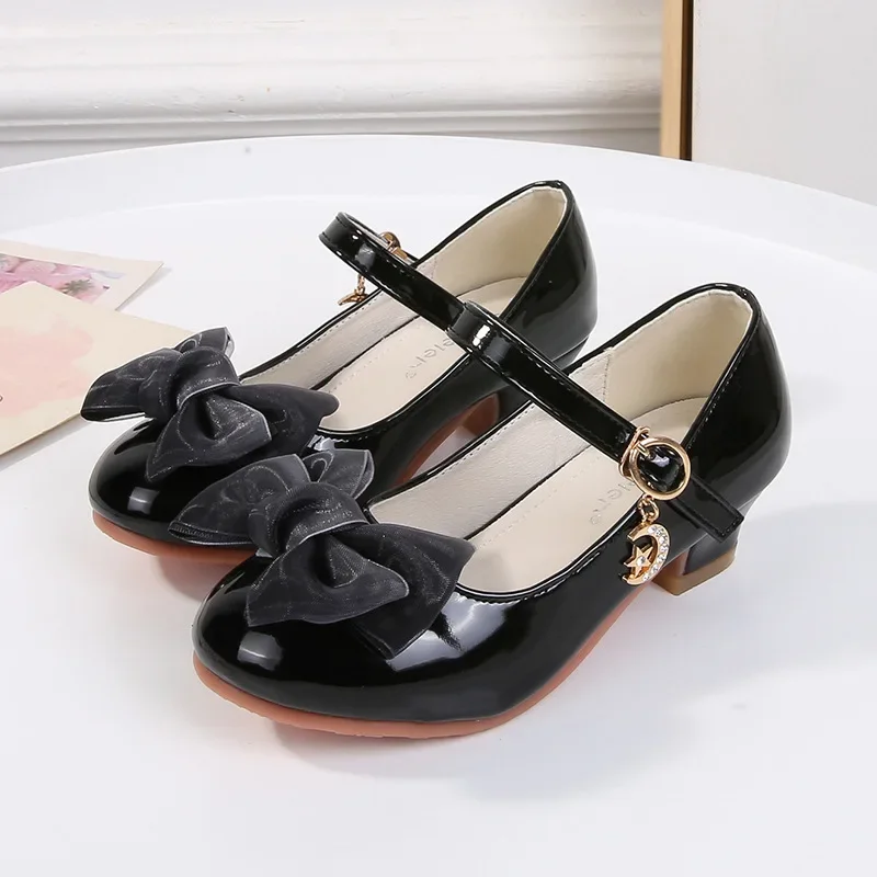 

Girls' Princess Shoes Spring New Children's Soft Soled Red Leather Shoes Little Girls' Bow High Heels Dance Performance Shoes