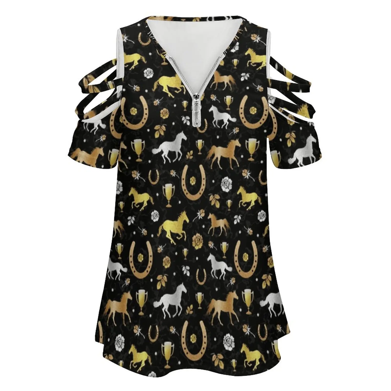 Horse Racing Derby Day Party Black Gold Pattern Women'S T-Shirt Summer Fashion Print Floral V-Neck Zipper Tshirt Hollow