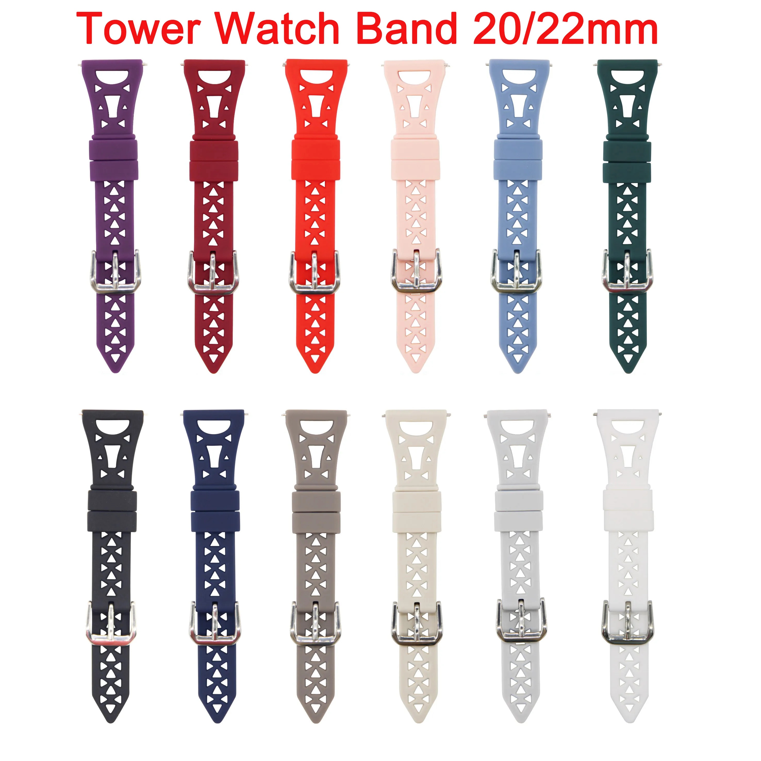 20mm 22mm Universal Watch Bands For Smart Watch Tower Style Stainless Steel Buckle Quick Release Breathable Soft Silicone Strap