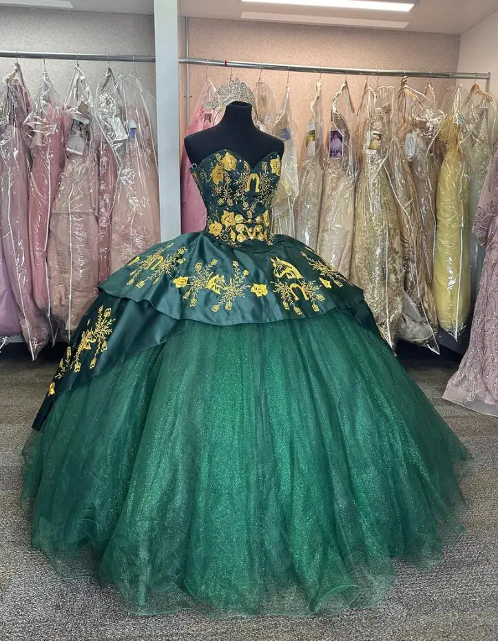 Hunter Green mexicano Charro Quinceanera Vestidos, querido cavalo dourado bordado vestido, vestido de baile, 15 anos