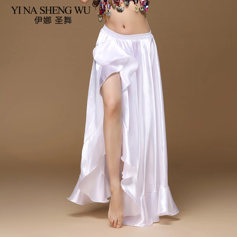 Bauchtanz Seite Ziehen Lange Satin Rock Dame Bauchtanz Röcke Frauen Sexy Orientalischen Bauchtanz Rock Professionelle 7 farben