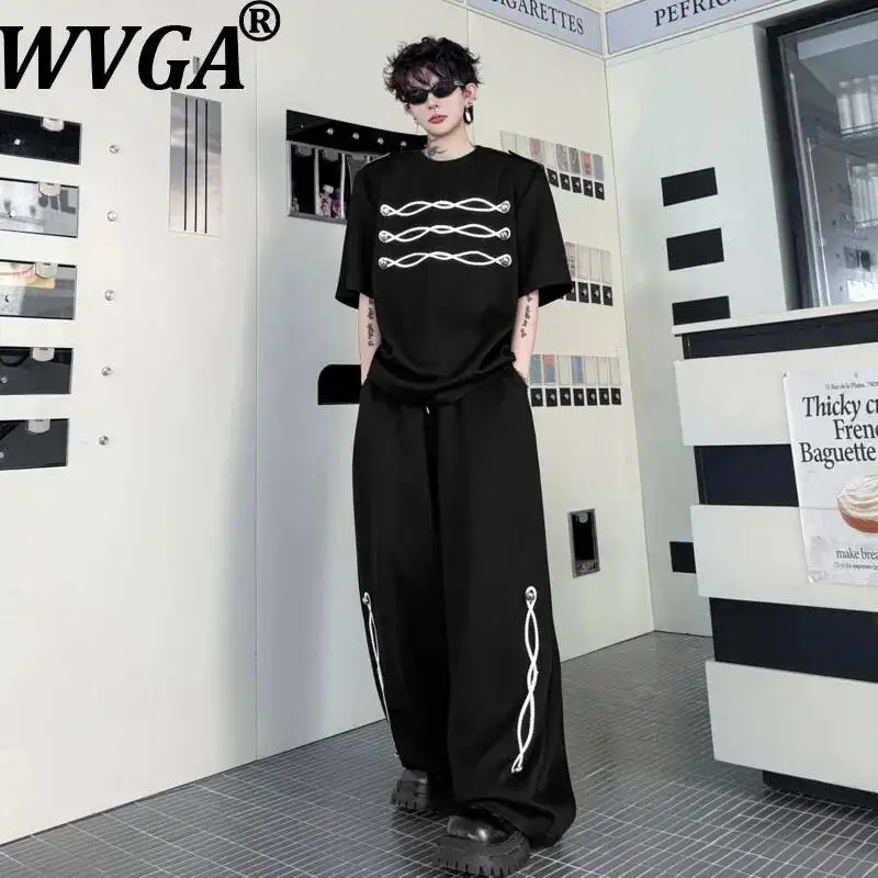 WVGA 2026 Summer New Men Shoulder Pads Ribbon Decoration Short Sleeved Tops Niche Casual Wide-Leg Pants Two-Piece Set Ins W24374