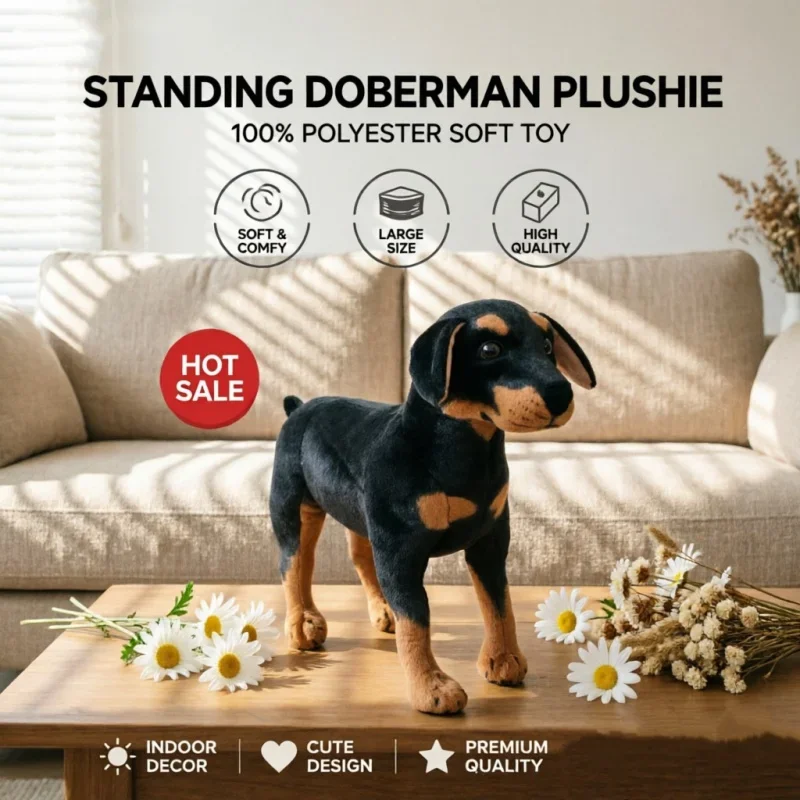 Realistic Doberman Plush Ornament Standing Shape Soft Texture Indoor Floor Layout Display Portrait Shooting Scene Accessory