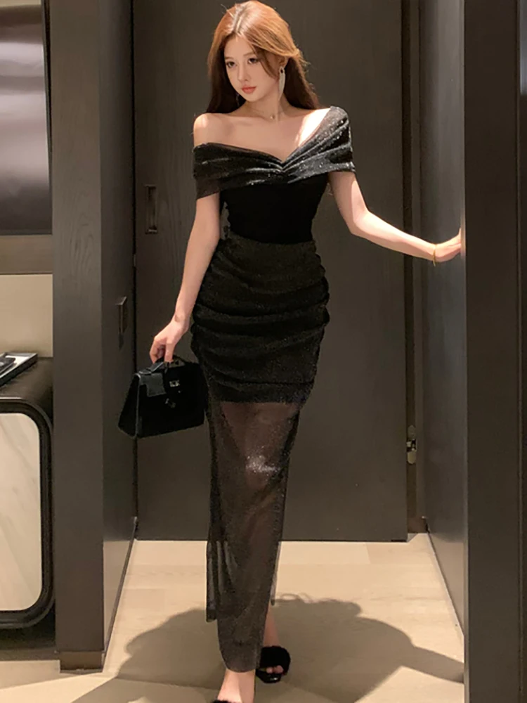2025 ใหม่สีดําผ้าไหมตาข่าย SHEER เซ็กซี่ชุดผู้หญิง Elegant Chic หน้าอกห่อชุดฤดูใบไม้ผลิฤดูร้อนเกาหลี ...