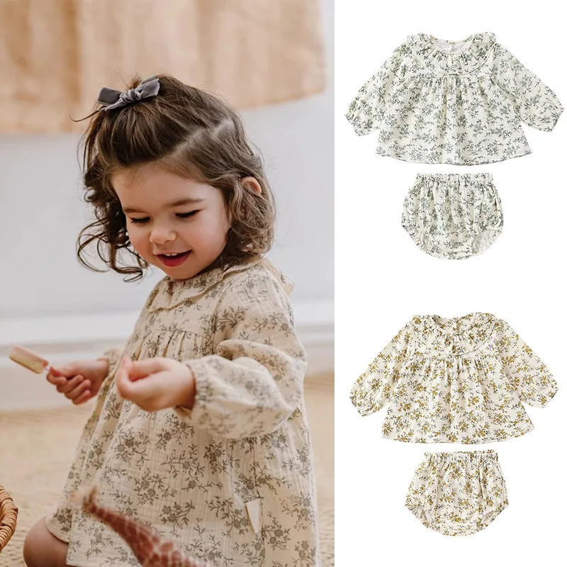 Ins Spring Summer New Newborn Girls 2PCS Clothes Set Floral Fragment Print Shirts Cotton Ruched Shorts Suit Baby Girls Outfits