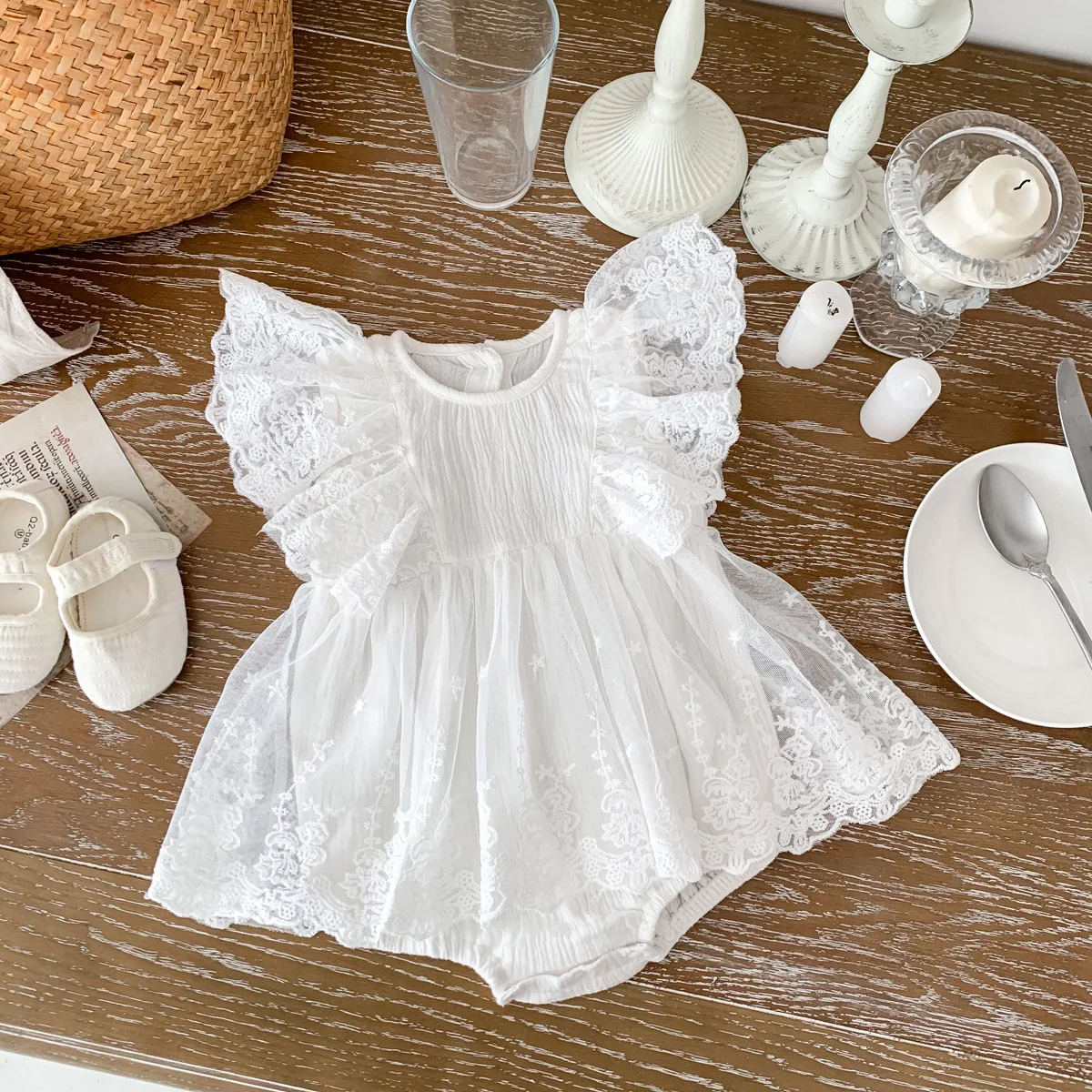 Baby Girls Baptism Clothes Cake Smash Outfits White Lace Muslin Cotton Jumpsuit