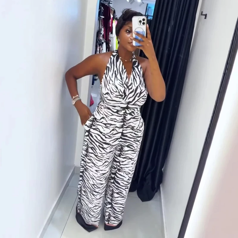 New African Fashion Women Summer Two Piece Set Zebra Stripe Printed Halter Hollow Out Back Blouse Top and Pants Set